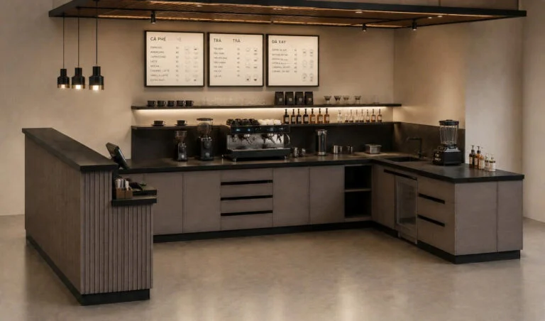 Phối cảnh quầy cafe chữ U trong không gian sáng với máy pha, kệ treo và bảng menu