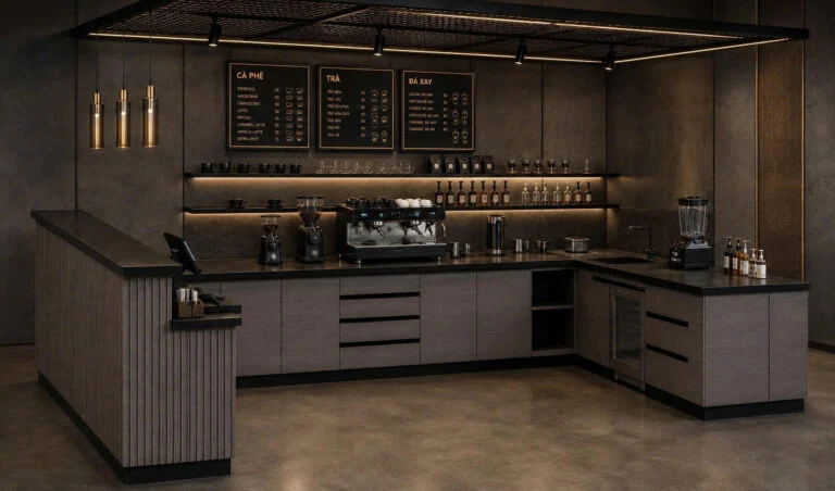 Phối cảnh 3D quầy cafe tông tối với đèn hắt, máy pha và menu dành cho dự án tại khu vực khách hàng