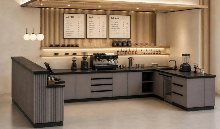 Tổng thể phối cảnh quầy bar cafe chữ U với vách lam, đèn thả và khu pha chế do Bluecons thiết kế