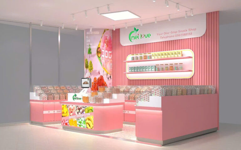 Phối cảnh 3D góc nghiêng quầy bánh kẹo MELOVE thiết kế theo mặt bằng