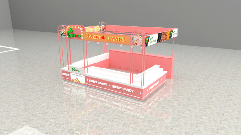 Phối cảnh 3D góc cao phía sau mẫu quầy bán bánh kẹo MELOVE