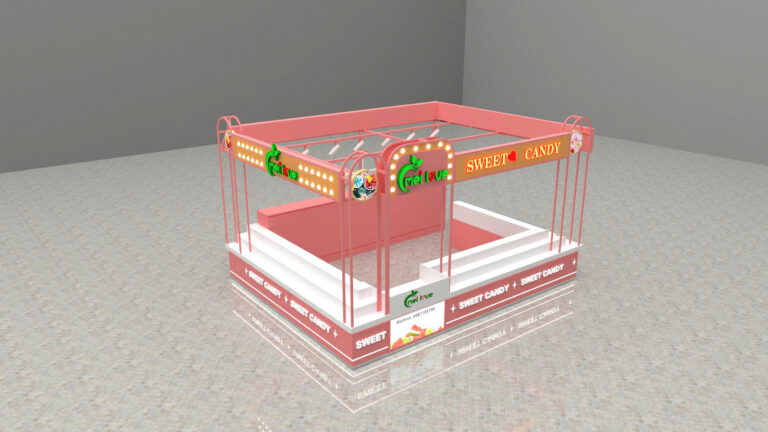 Phối cảnh nhìn từ trên cao của kiosk bánh kẹo MELOVE tông hồng trắng