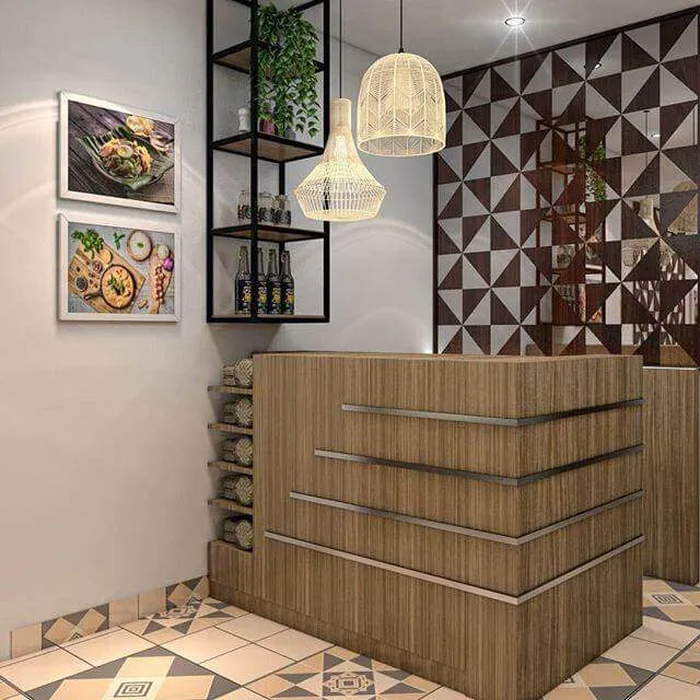 Thiết kế quầy thu ngân nhà hàng bằng gỗ chữ L mini không gian nhỏ