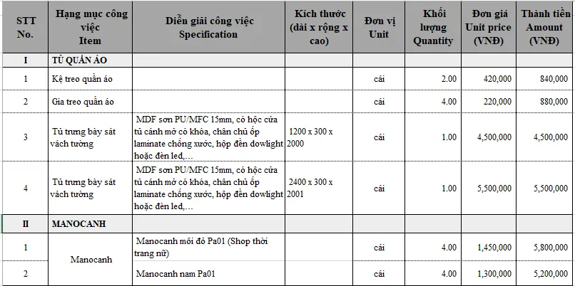 Báo giá thi công tủ trưng bày quần áo, kệ treo, lắp đặt manocanh