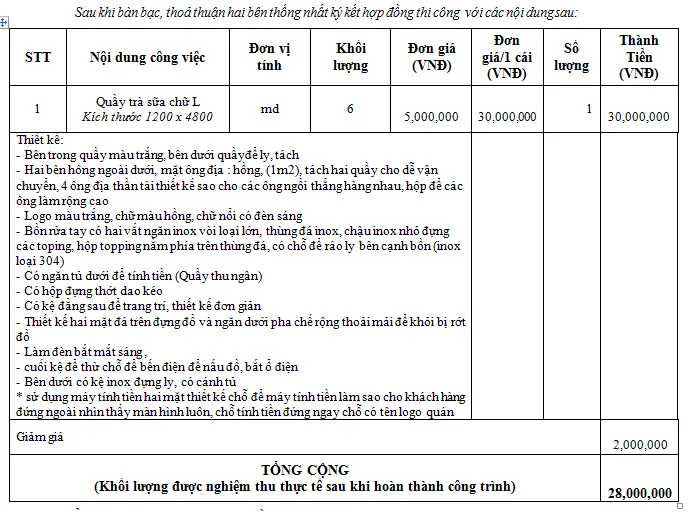 Bảng báo giá quầy pha chế chữ L