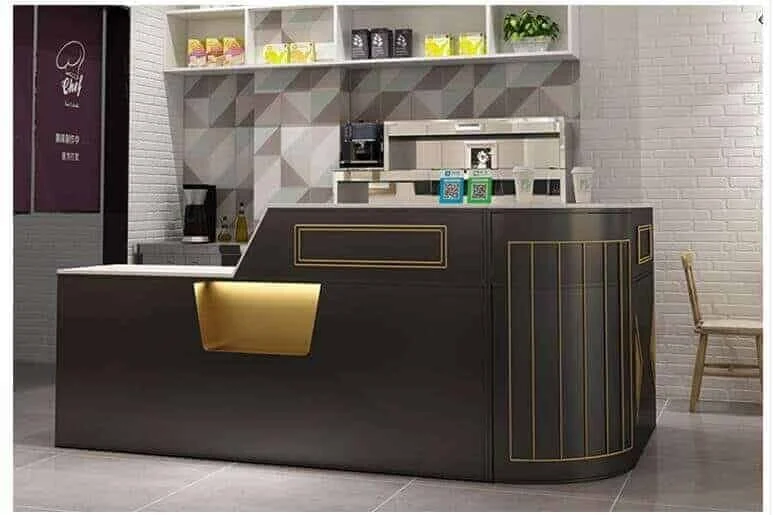 Thiết kế quầy pha chế trà sữa bằng gỗ thiết kế nhỏ gọn tiện lợi