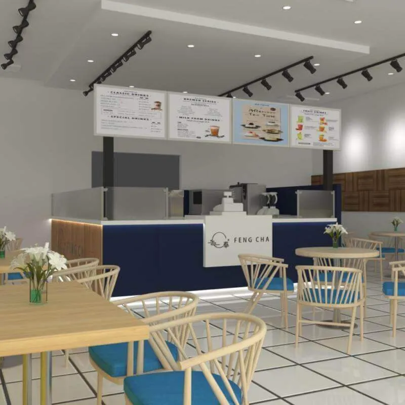 Thiết kế quầy pha chế trà sữa bằng gỗ mặt trước ốp alu bền, đẹp