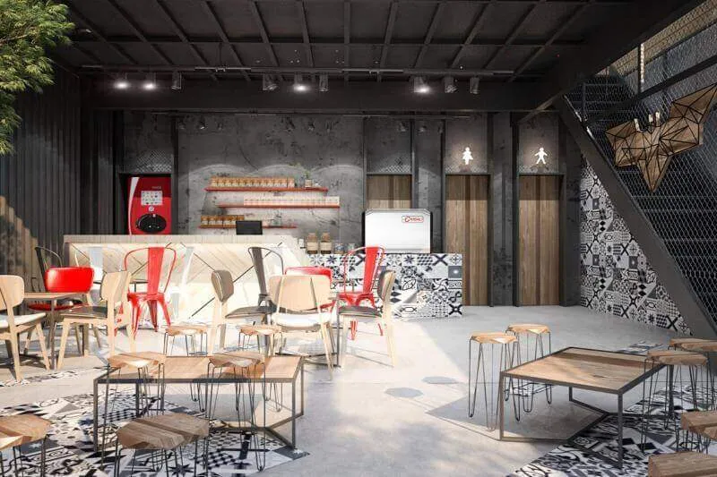 quầy pha chế khung sắt sang trọng tối giản trong quán cafe sử dụng nhiều vật liệu bằng sắt