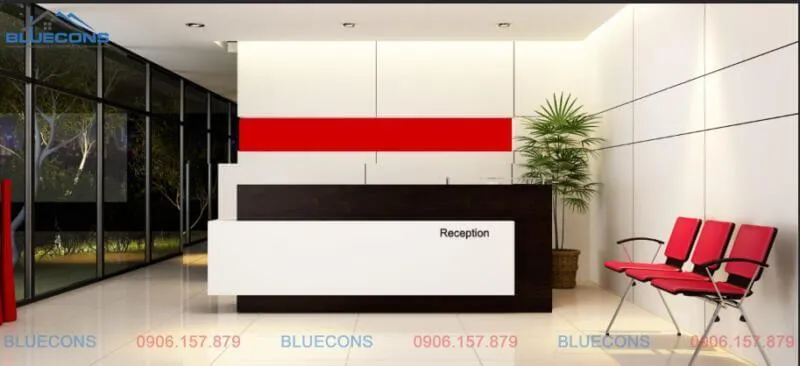 Mẫu thiết kế quầy lễ tân chữ L đẹp, hài hòa với tổng thể không gian và cực sang trọng
