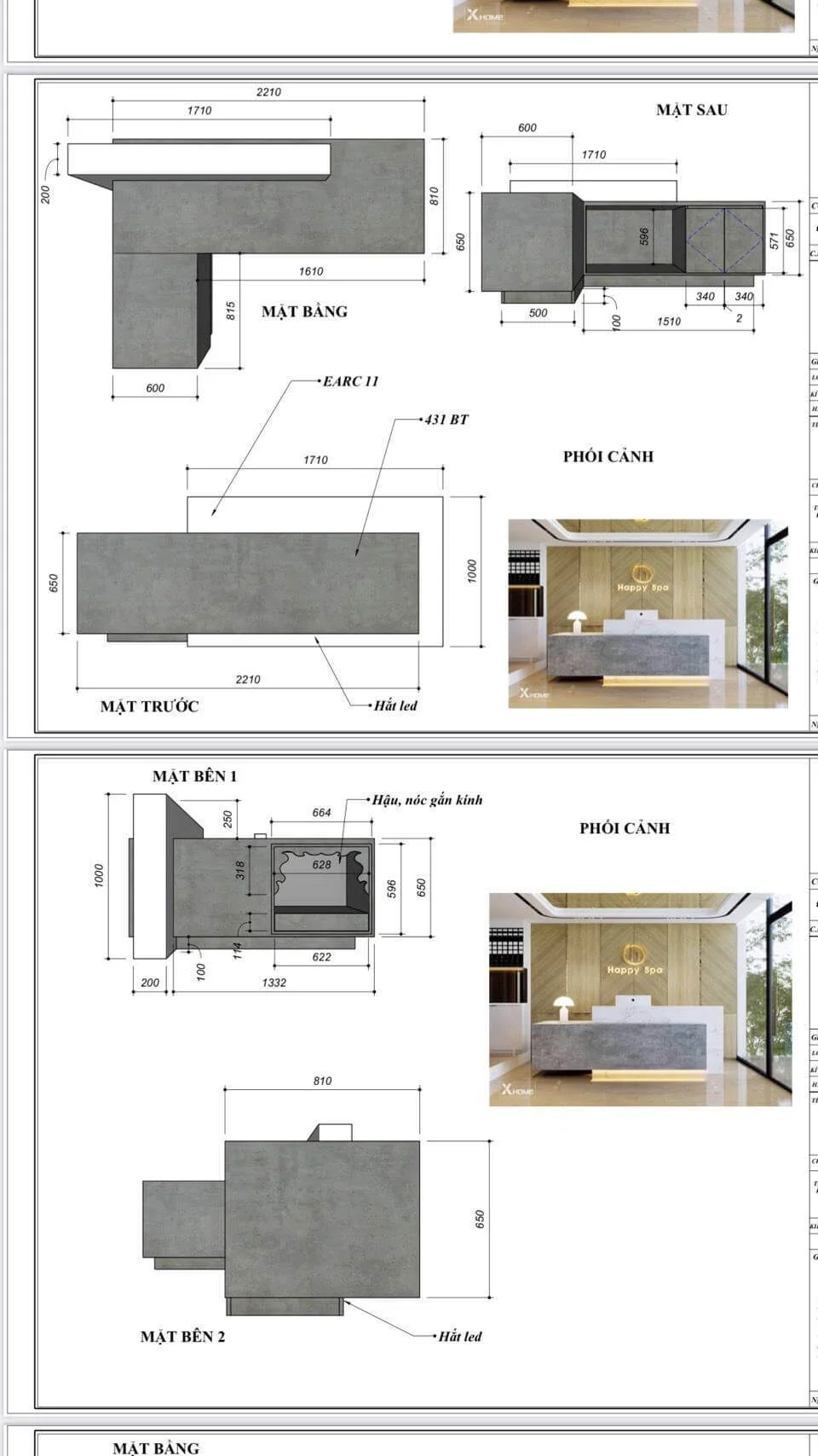 Tổng thể kích thước chi tiết cho mẫu quầy đẹp lễ tân tại Bluecons