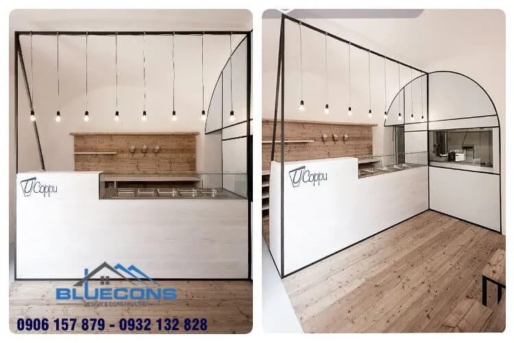 Thiết kế quầy tính tiền cà phê tông trắng nhã nhặn