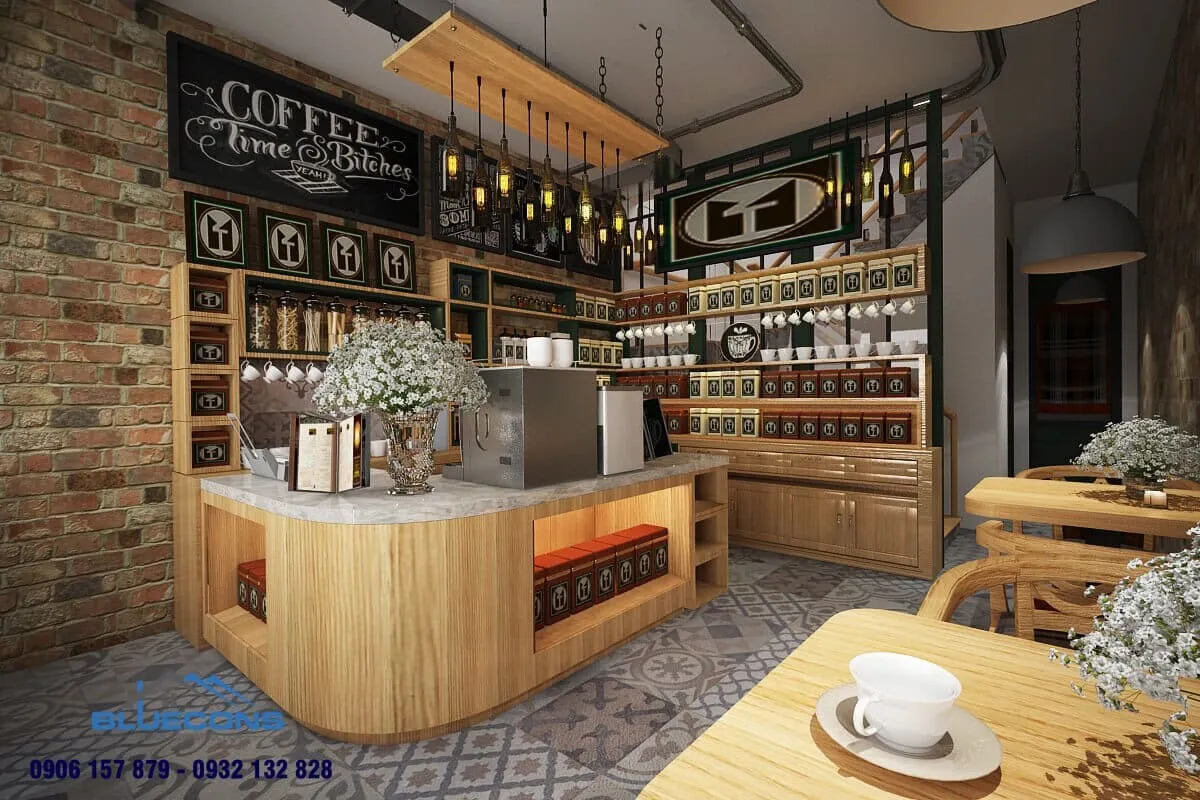 Quầy pha chế gỗ công nghiệp mặt đá sang trọng, hiện đại