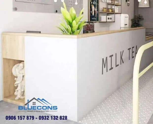 Quầy thu ngân cho quán trà sữa đẹp, ấn tượng với màu trắng tinh khiết
