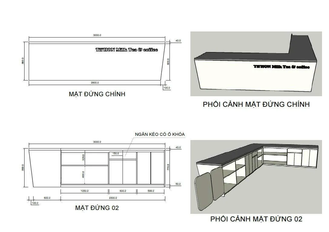 kích thước quầy trà sữa