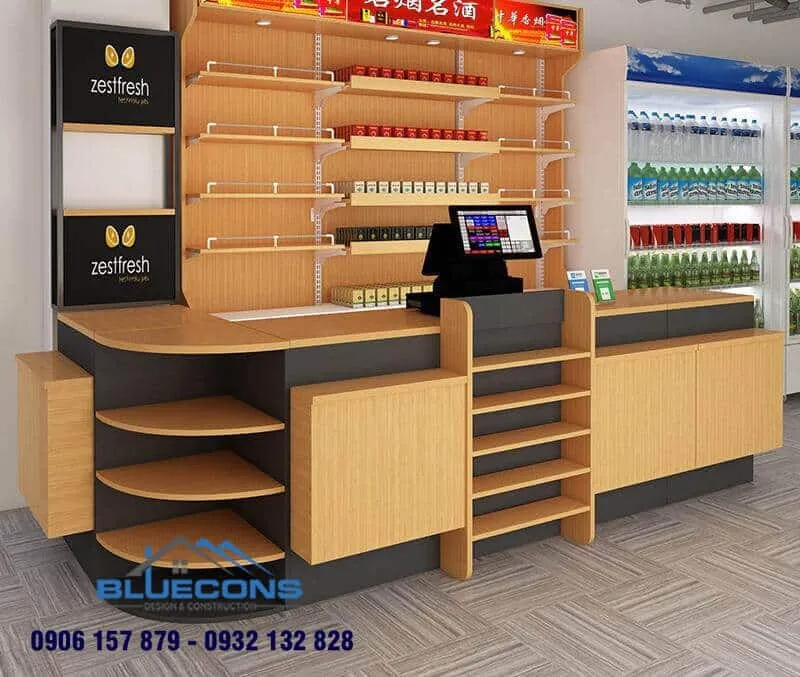 Quầy thu ngân siêu thị thường kết hợp nhiều ngăn và kệ tiện ích