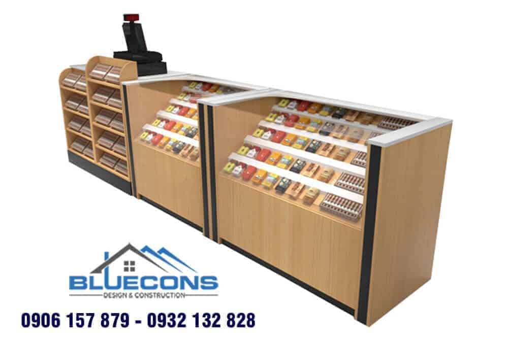 Quầy thu ngân gỗ thông 5 Quảng cáo sản phẩm hiệu quả với quầy thu ngân siêu thị đa ngăn