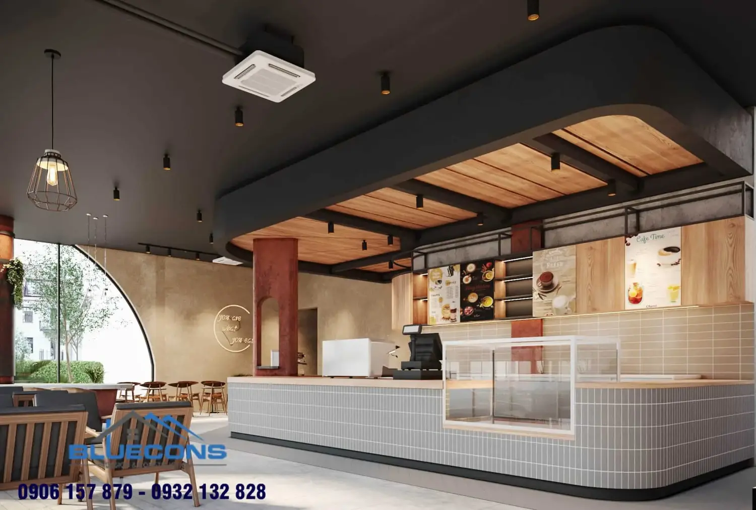 Mẫu bàn thu ngân chữ L có tủ thức ăn nằm gọn bên trong cực thích