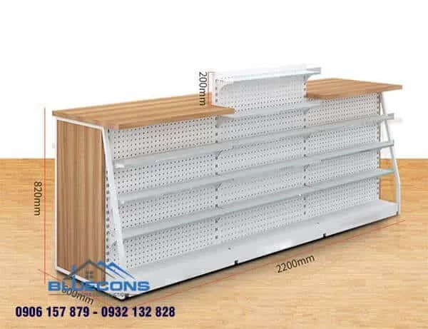 Bàn thu ngân bằng sắt thiết kế nhiều ngăn dùng trong siêu thị mini