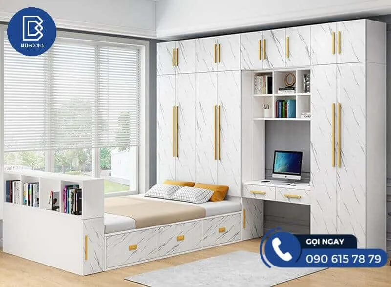 Giường ngủ kết hợp tủ quần áo, bàn làm việc, giá sách