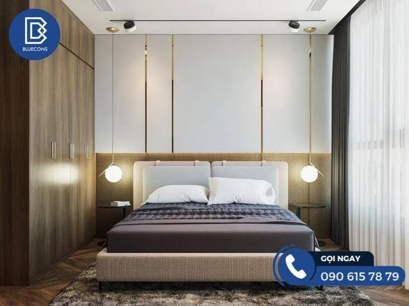 Giường ngủ đơn giản hiện đại với màu sắc trung tính tạo cảm giác thoải mái khi thư giãn