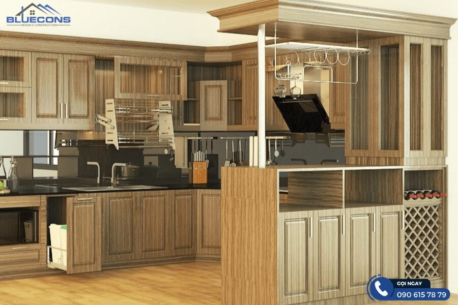 Vách ngăn bằng quầy rượu sử dụng gỗ công nghiệp hiện đại