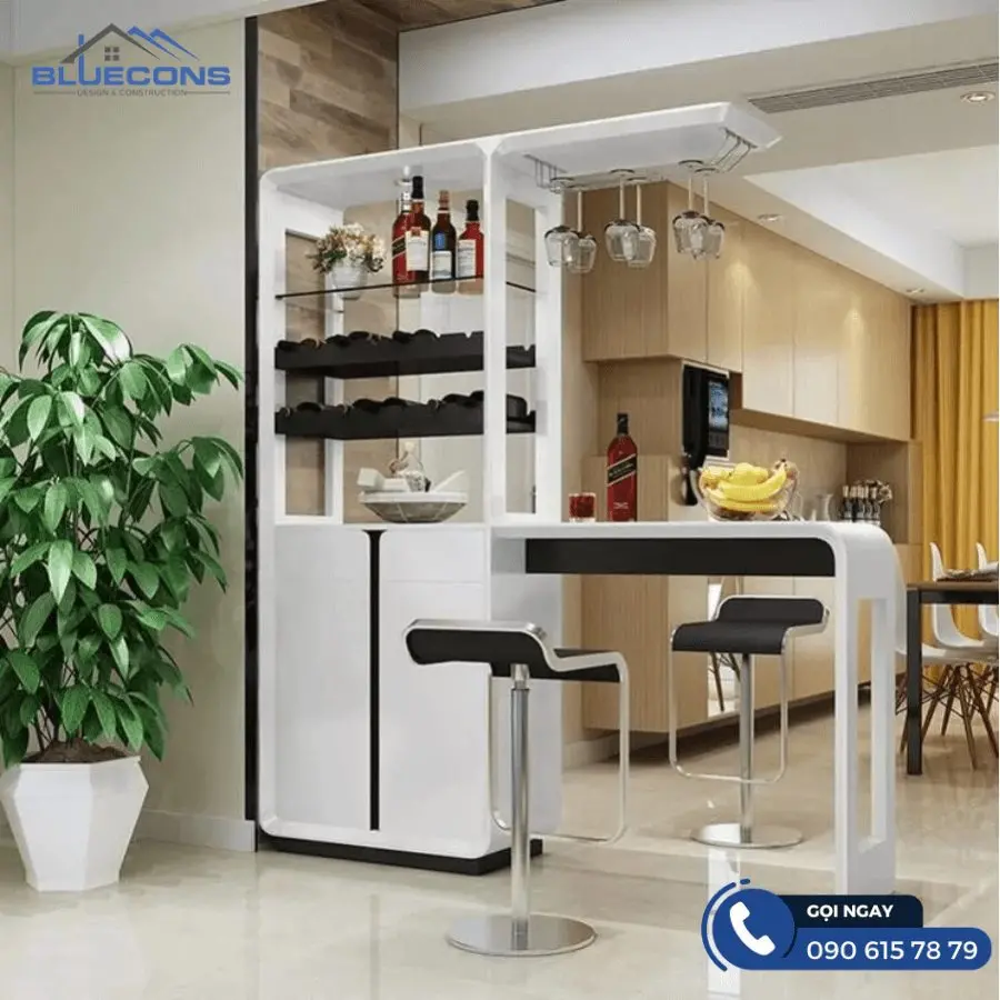 Kết hợp tủ rượu với quầy bar treo ly