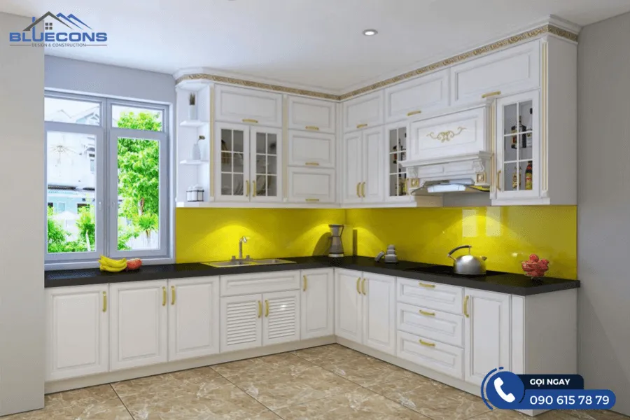 Tủ bếp chữ L tân cổ điển cho nhà mặt đất