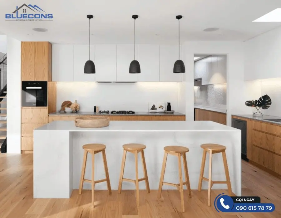 Sự kết hợp độc đáo của quầy bar, bàn đảo trong bếp