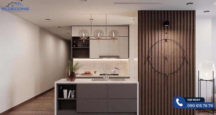 Tủ bếp melamine tông màu ghi trầm xinh xắn