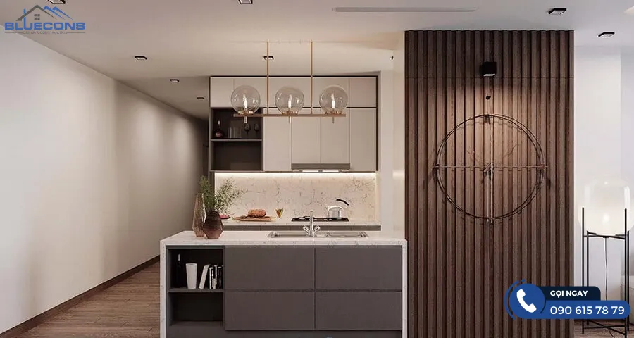 Tủ bếp melamine tông màu ghi trầm xinh xắn