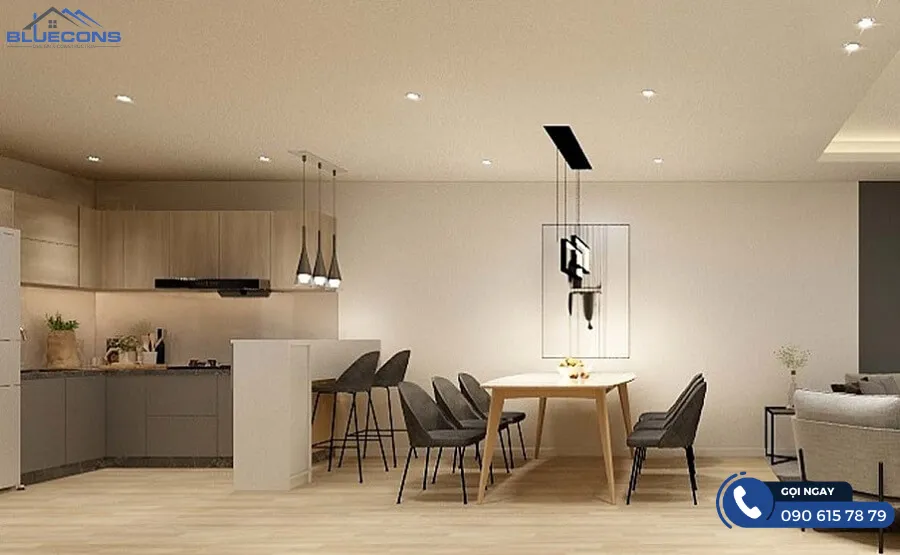 Tủ bếp chữ L đẹp kết hợp quầy bar mang lại sự nhẹ nhàng, ấm cúng