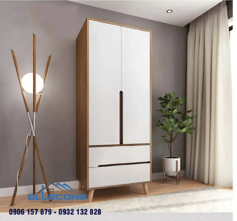 Một tủ quần áo hiện đại với 2 cánh cửa và hai ngăn kéo