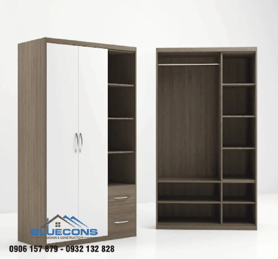Mẫu tủ quần áo 2 cánh đẹp có thêm kệ để đựng đồ hoặc sắp xếp giày dép