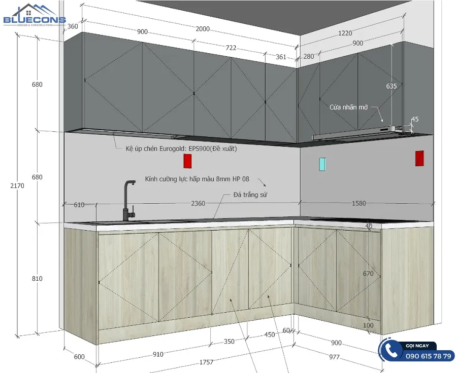 Kích thước tủ bếp chữ L vượng tài lộc