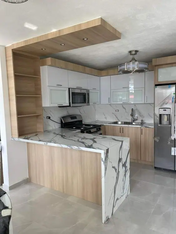 Bộ tủ bếp kết hợp quầy bar mặt đá 