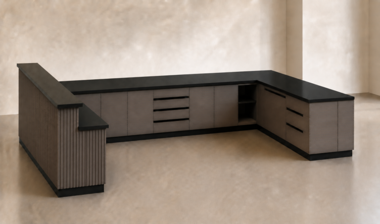 Phối cảnh 3D bên trong quầy pha chế chữ U với tủ, ngăn kéo và khoang thiết bị cho mặt bằng địa phương