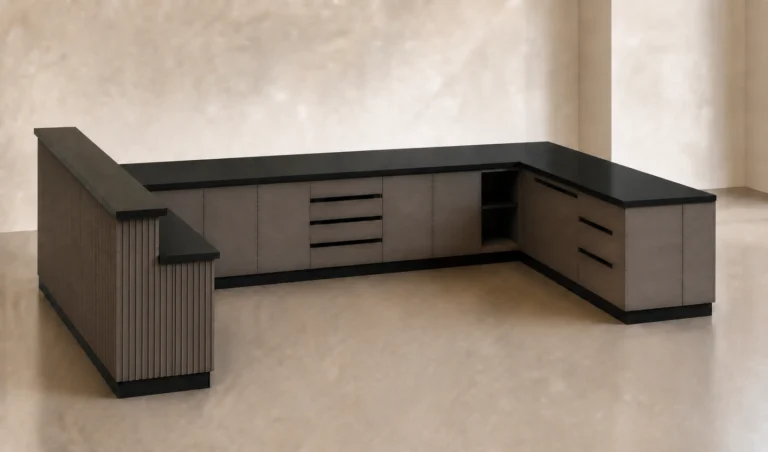 Phối cảnh 3D bên trong quầy pha chế chữ U với tủ, ngăn kéo và khoang thiết bị cho mặt bằng địa phương