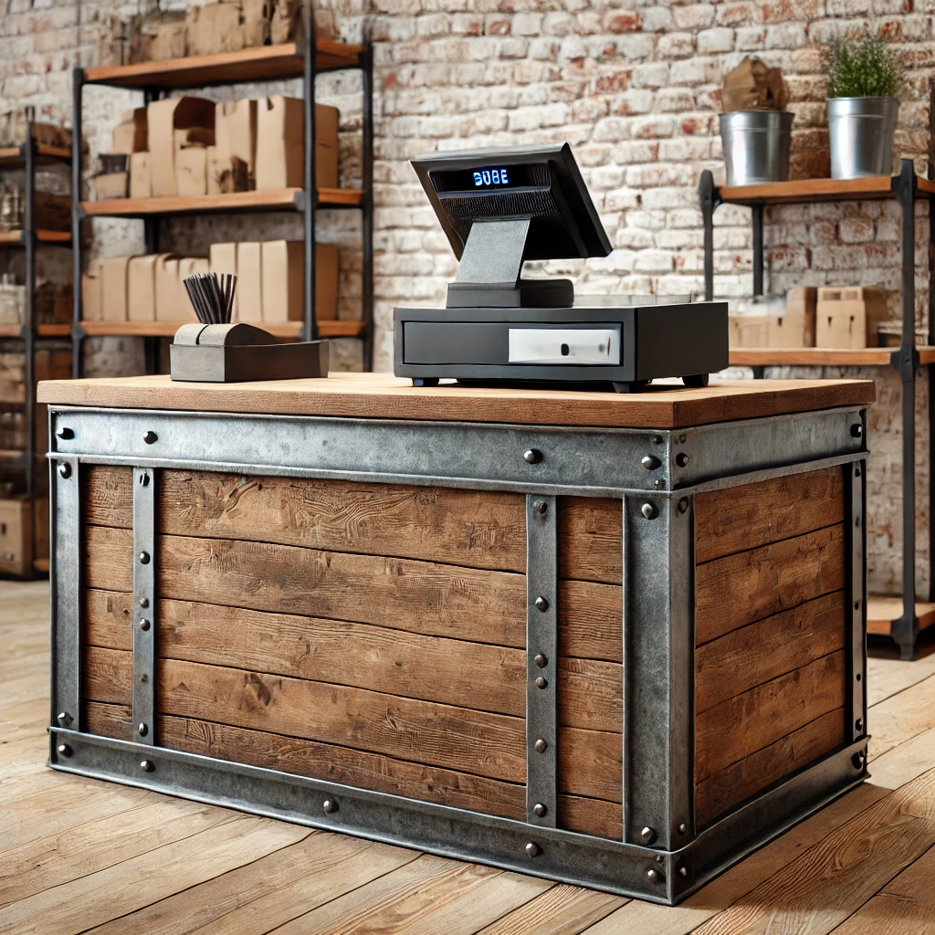 DALL·E 2024 11 25 10.41.18 A cashier counter in an industrial style, designed for a small retail store. The counter is made of raw wood and exposed metal, featuring a rugged yet DALL·E 2024 11 25 10.41.18 A cashier counter in an industrial style, designed for a small retail store. The counter is made of raw wood and exposed metal, featuring a rugged yet