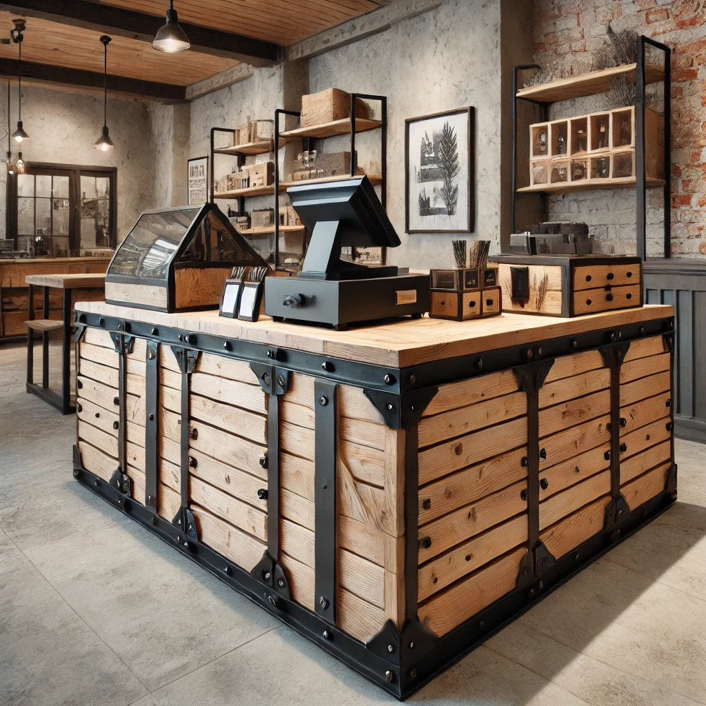 DALL·E 2024 11 25 10.41.27 An industrial style cashier counter for a small retail store, made with raw wood and black metal accents. The design includes rugged details and a fun DALL·E 2024 11 25 10.41.27 An industrial style cashier counter for a small retail store, made with raw wood and black metal accents. The design includes rugged details and a fun