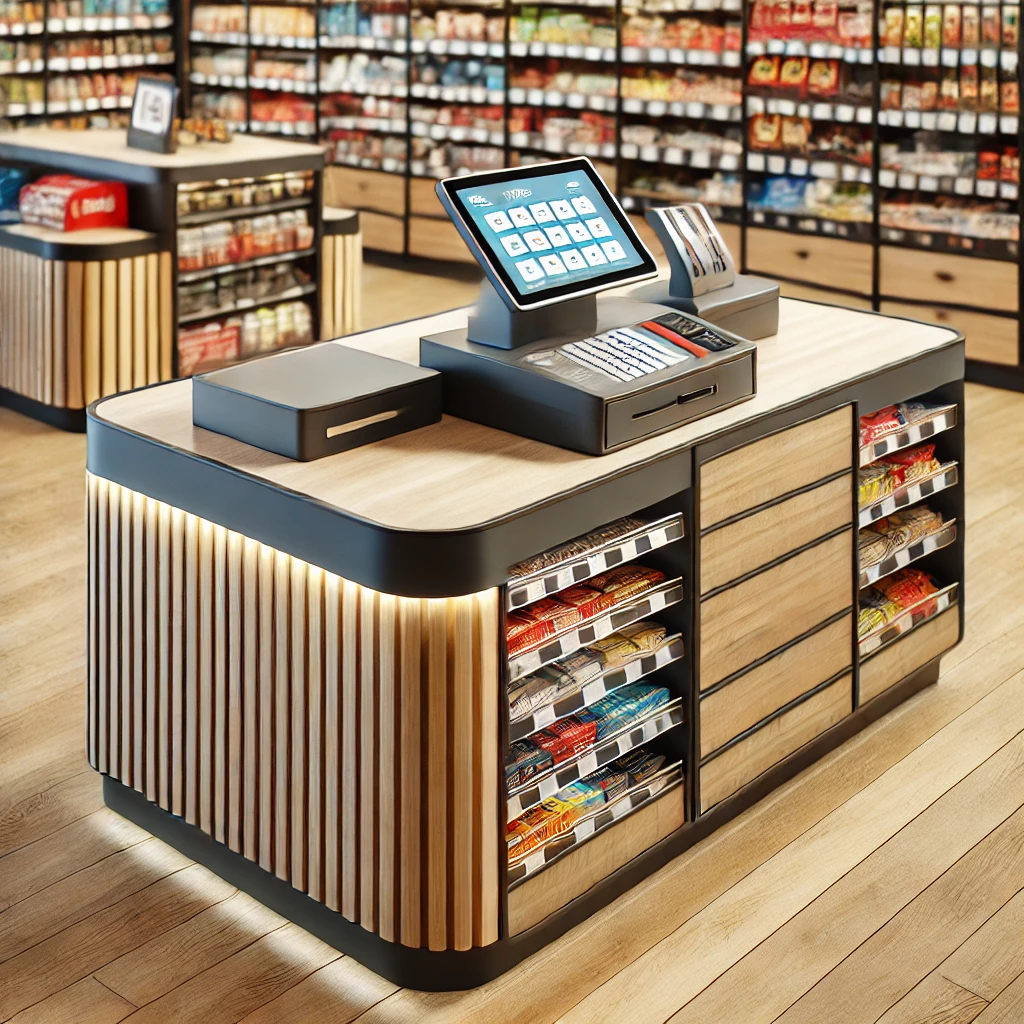 DALL·E 2024 11 25 11.41.13 A compact cashier counter designed for a convenience store, featuring a wooden finish combined with metal accents for durability. The counter has mult DALL·E 2024 11 25 11.41.13 A compact cashier counter designed for a convenience store, featuring a wooden finish combined with metal accents for durability. The counter has mult