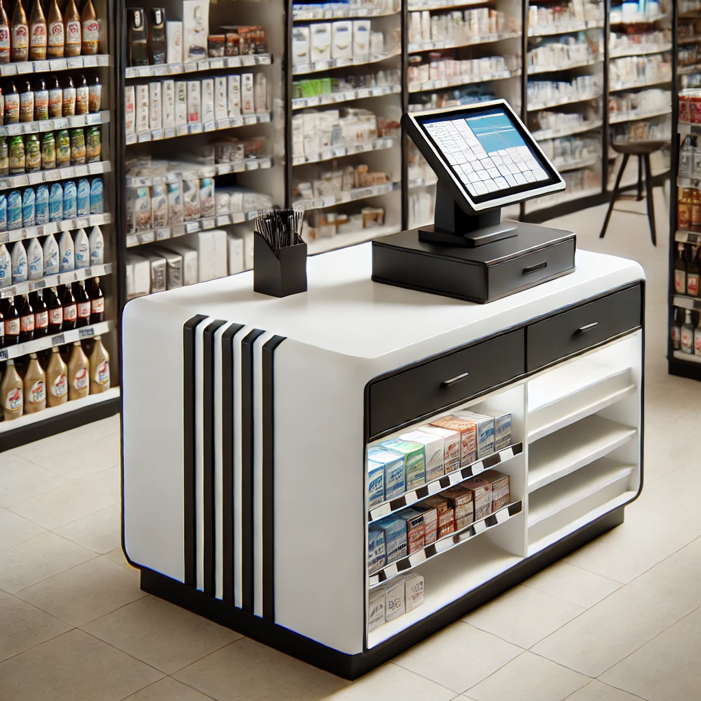 DALL·E 2024 11 25 11.41.18 A sleek and modern cashier counter designed for convenience stores, featuring a sturdy design with built in shelves for quick product access. The coun DALL·E 2024 11 25 11.41.18 A sleek and modern cashier counter designed for convenience stores, featuring a sturdy design with built in shelves for quick product access. The coun