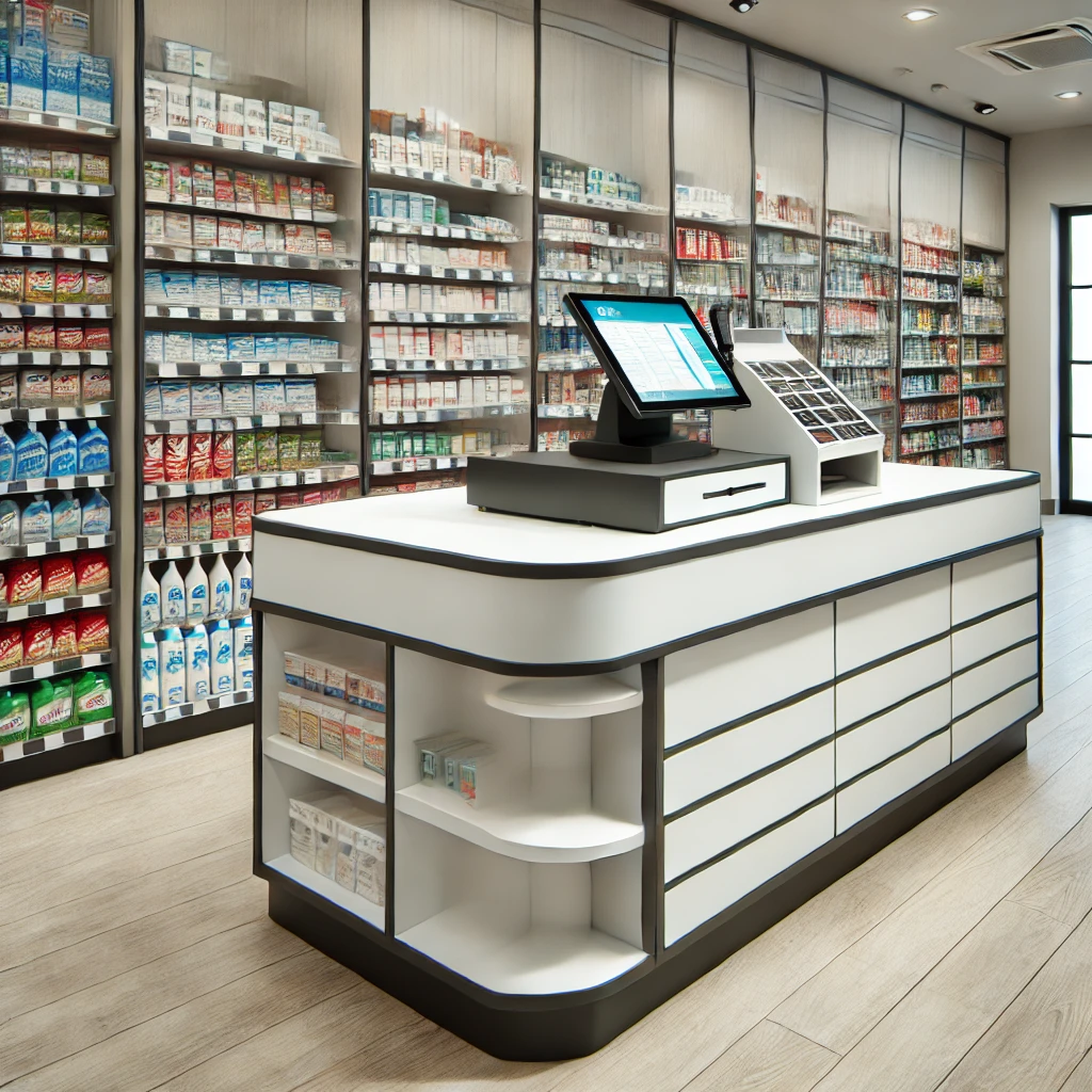 DALL·E 2024 11 25 11.41.22 A cashier counter designed for a convenience store, featuring a practical and compact design. The counter includes shelves for quick access to product DALL·E 2024 11 25 11.41.22 A cashier counter designed for a convenience store, featuring a practical and compact design. The counter includes shelves for quick access to product