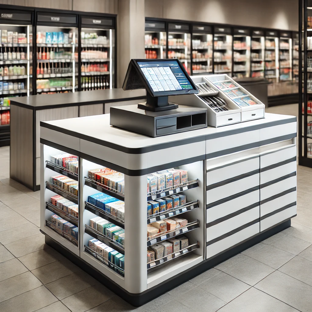 DALL·E 2024 11 25 11.41.25 A cashier counter specifically designed for a convenience store, featuring a modern and practical design with multiple shelves for product display. Th DALL·E 2024 11 25 11.41.25 A cashier counter specifically designed for a convenience store, featuring a modern and practical design with multiple shelves for product display. Th
