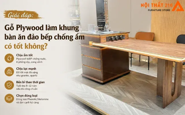 Hình ảnh một chiếc quầy gỗ plywood chịu nước trong nhà bếp hiện đại, sáng bóng và chắc chắn