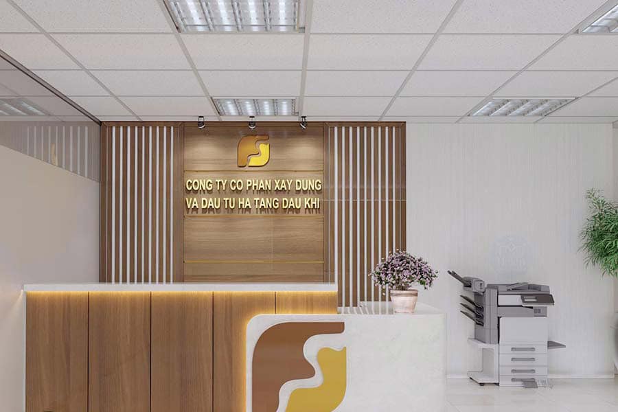 Thiết kế backdrop quầy lễ tân sang trọng