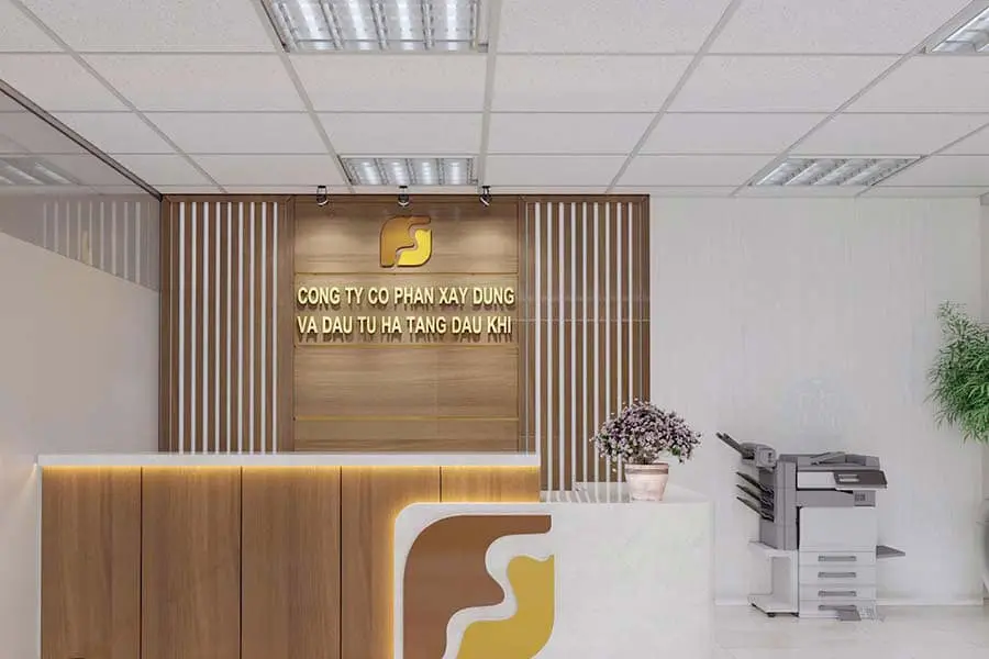 Thiết kế backdrop quầy lễ tân sang trọng