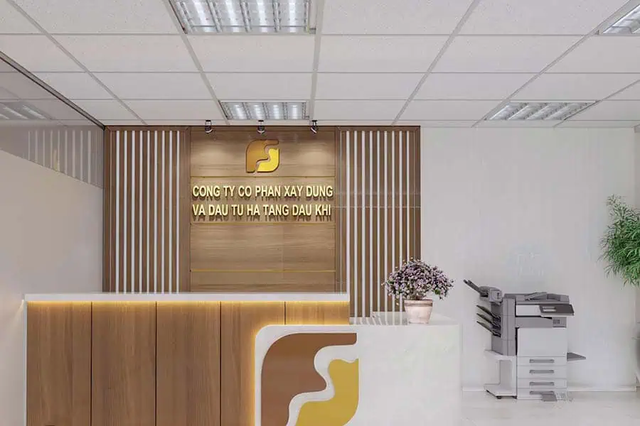 Thiết kế backdrop quầy lễ tân sang trọng