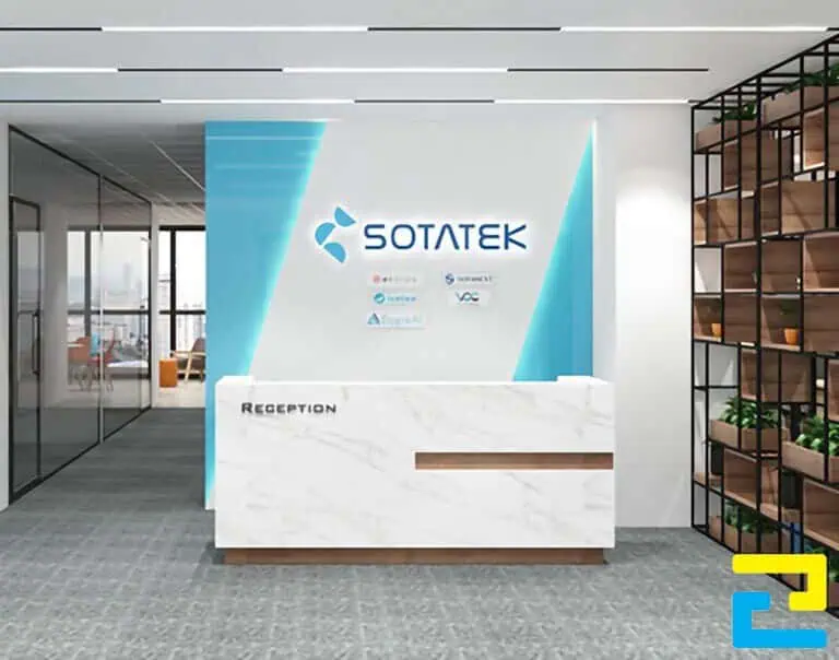 Mẫu backdrop quầy lễ tân hiện đại