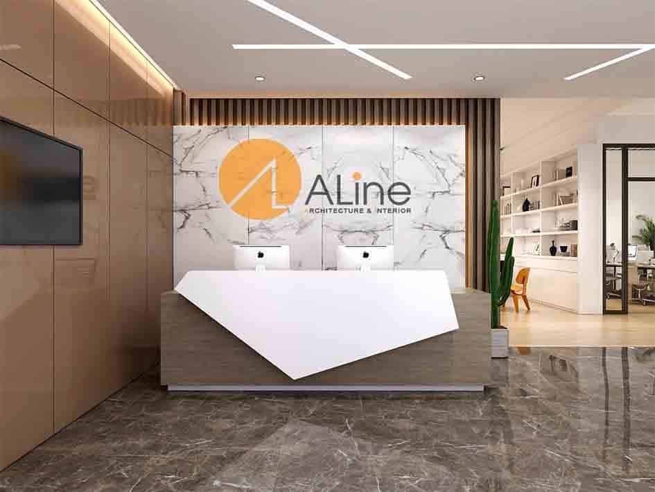 Backdrop quầy lễ tân gắn logo mica