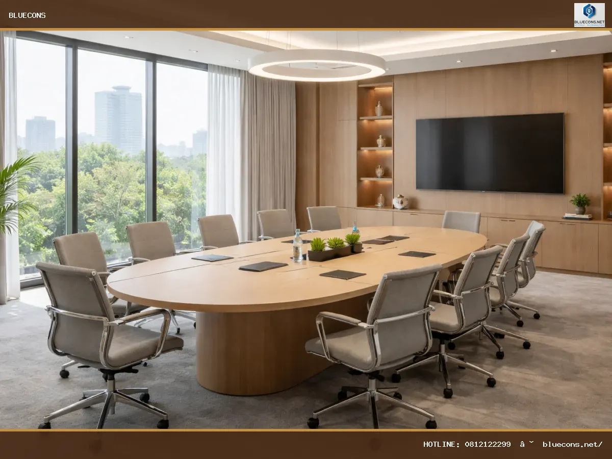 Bàn họp oval khởi nguồn xu hướng nội thất phòng họp 2026 – ảnh minh họa Bluecons
